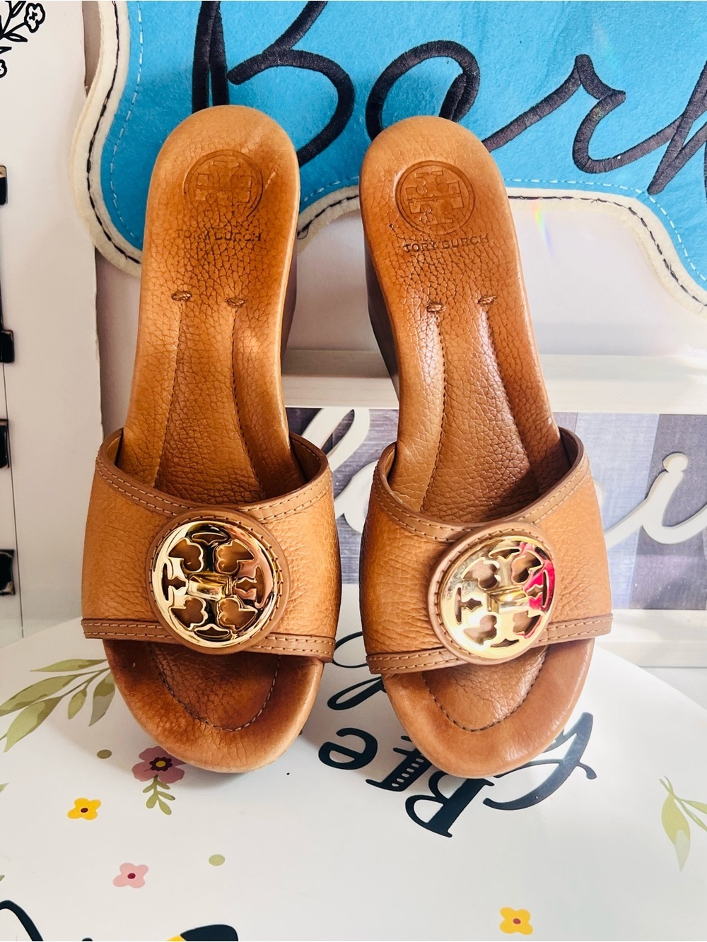 Tory Burch Cognac Leather Slide Mules with Gold Logo size 8M